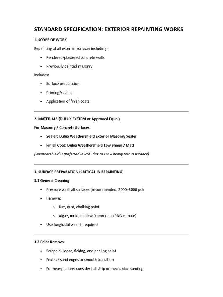 Standard Specification Exterior Repainting Works | PDF | Masonry | Paint