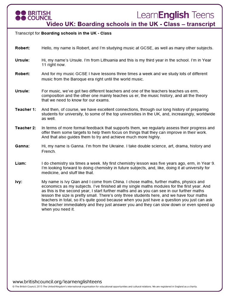 Boarding Schools Uk Class Transcript | PDF