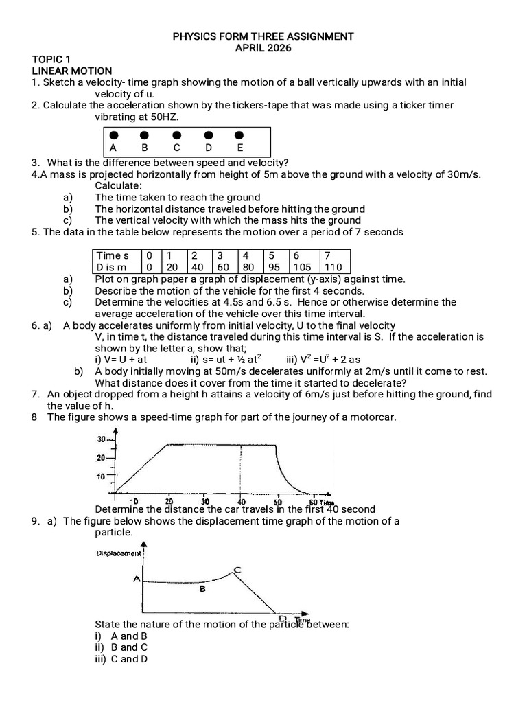 Linear Motion Assignment - Form 3 - Physics | PDF