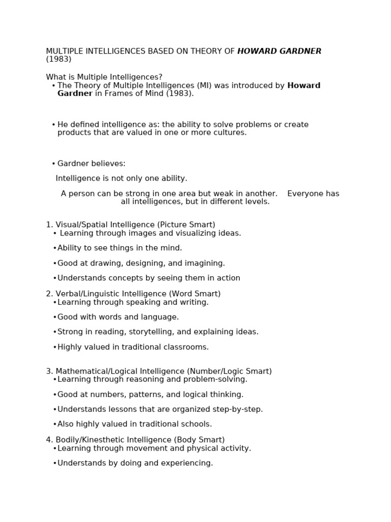 MULTIPLE INTELLIGENCES BASED ON THEORY OF HOWARD GARDNER (1983) | PDF ...