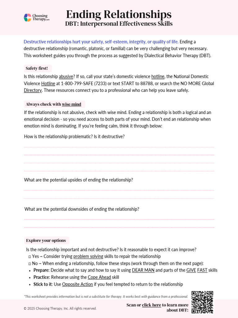 DBT Ending Relationships Worksheet | PDF | Mental Health | Dialectical ...