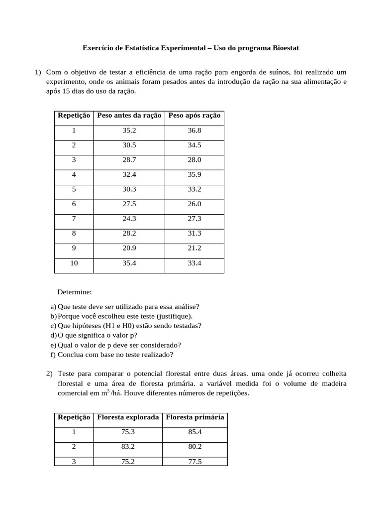 Exerccio 1 Teste T e Anova Completamente Ao Acaso - Programa Bioestat ...
