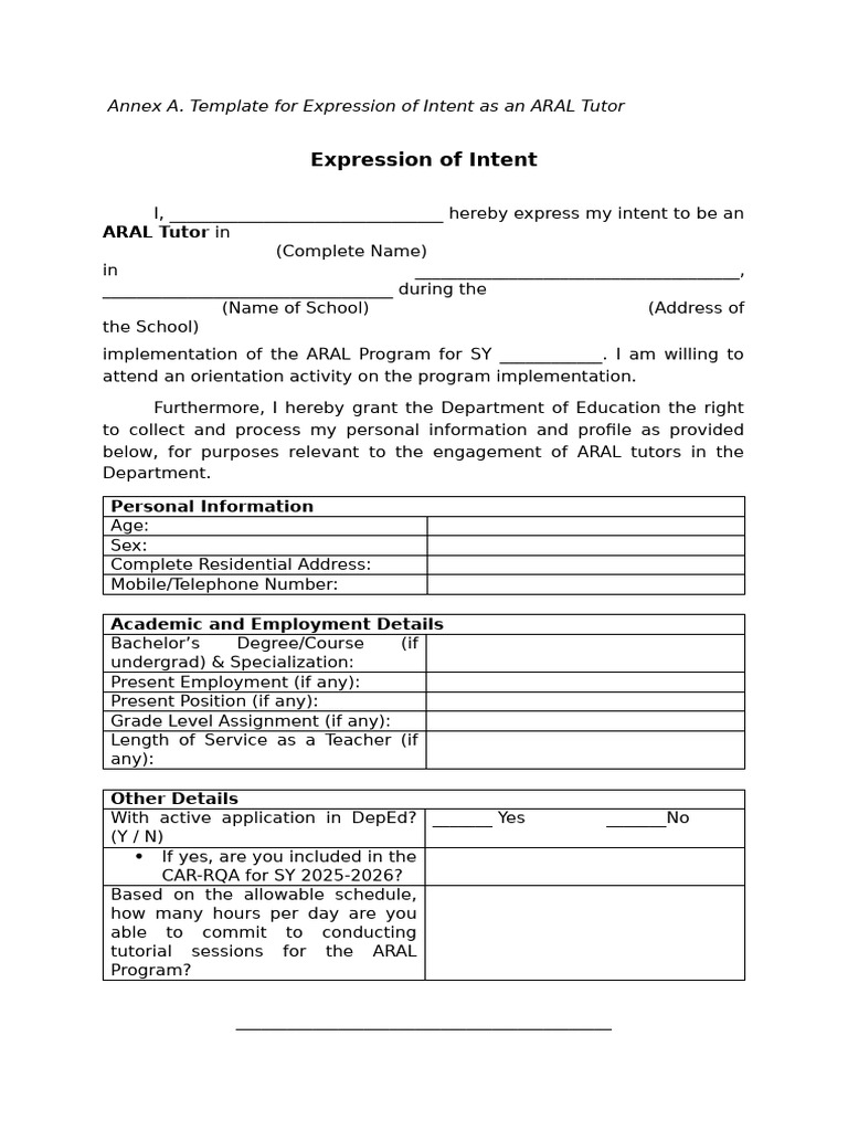 Annex A. Template For Expression of Intent As An ARAL Tutor | PDF