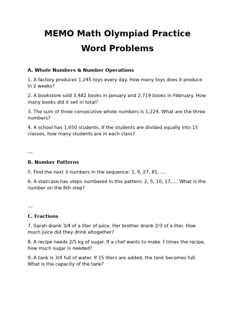 MEMO Math Olympiad WS - Word Problems | PDF
