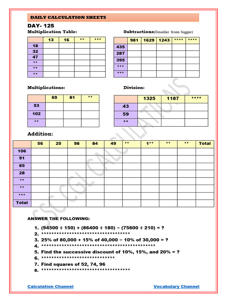 Day 125 Calculation Sample Sheet (1) (1) | PDF