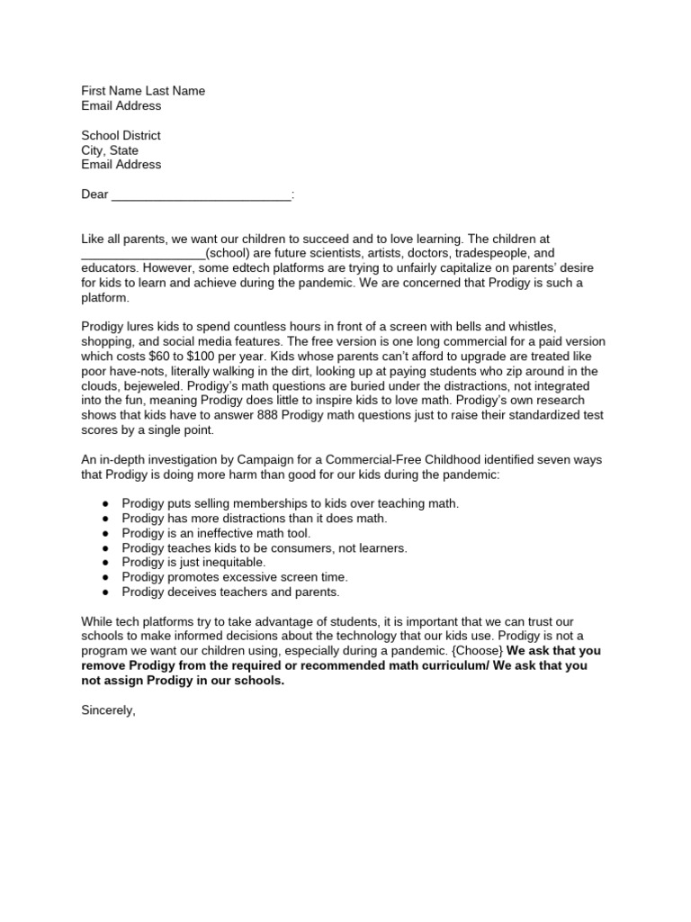 Prodigy Letter To School | PDF