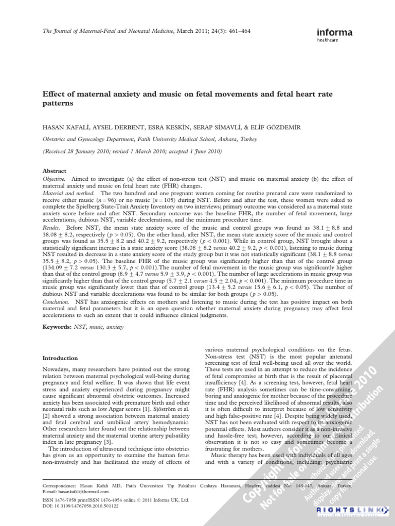 Effect of Maternal Anxiety and Music on Fetal Movements and Fetal Heart ...