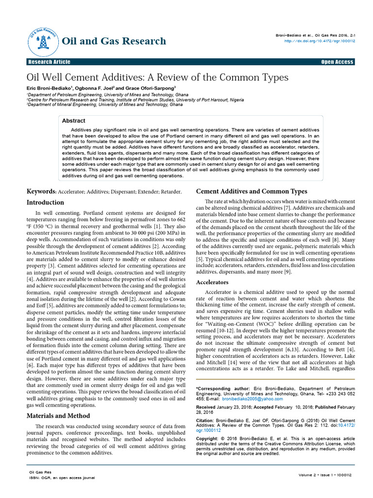 Oil Well Cement Additives A Review of The Common Types | PDF