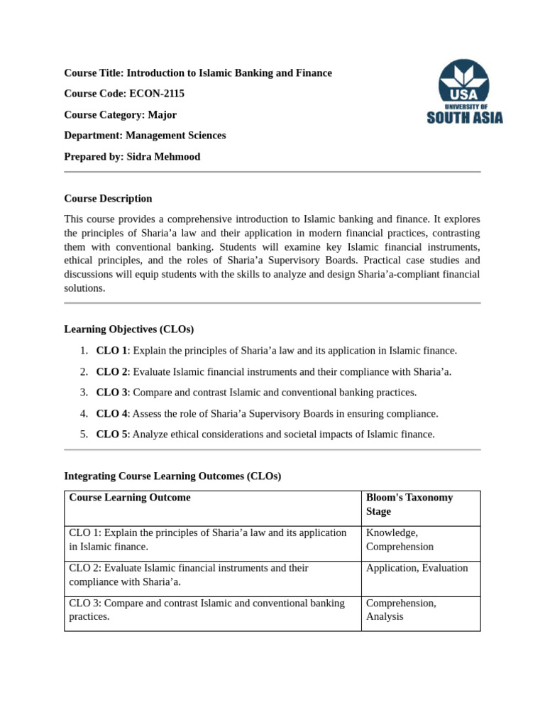 Islamic Finance Course Outline | PDF | Islamic Banking And Finance | Sharia