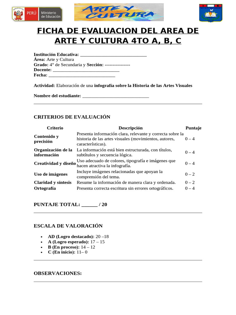 Enter Areavalo Ficha de Evaluacion Del Area de Arte y Cultura 4to A | PDF