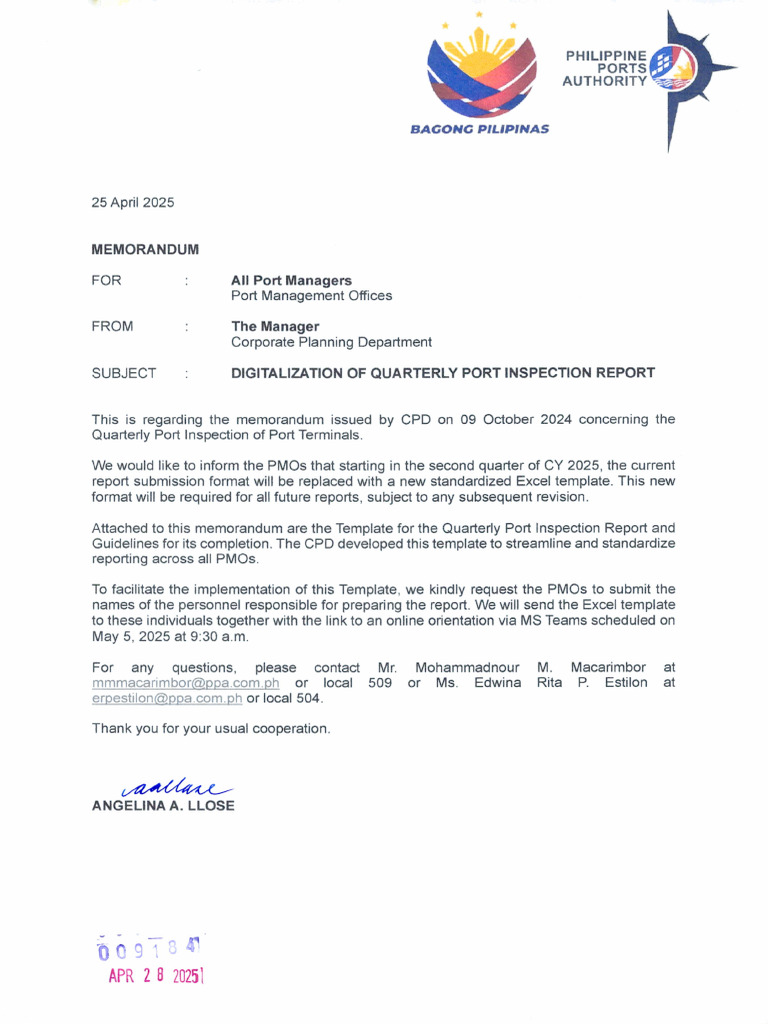 CPD Memo Dated 2025-04 Apr 25; Digitalization of Quarterly Port ...
