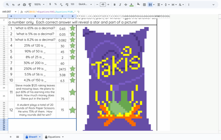 Copy of Percent Proportions Pixel Art - Student Copy - Google Sheets | PDF