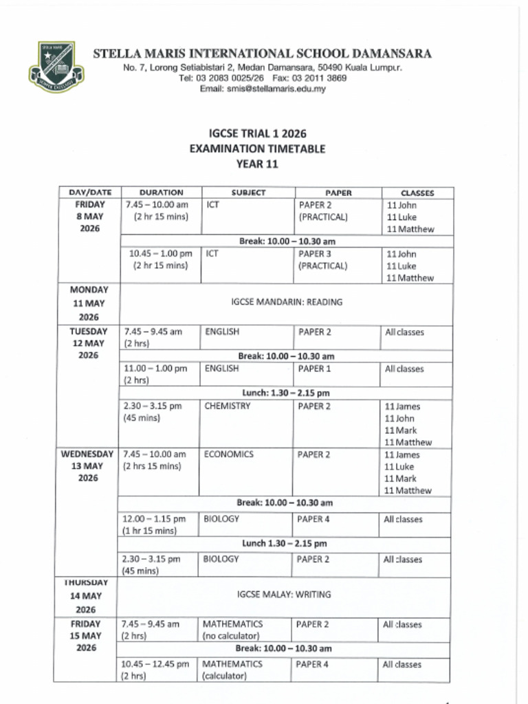 IGCSE Trial 1 Y11 Exam Schedule | PDF