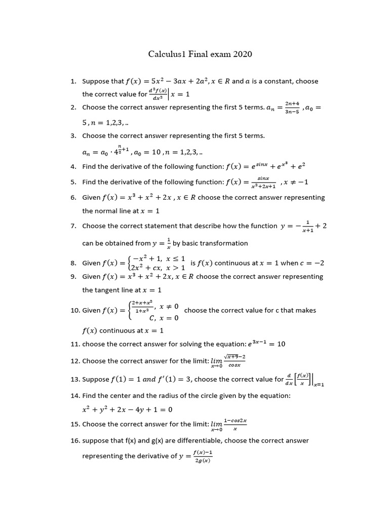 Calculus1 Final Exam 2020-1 | PDF
