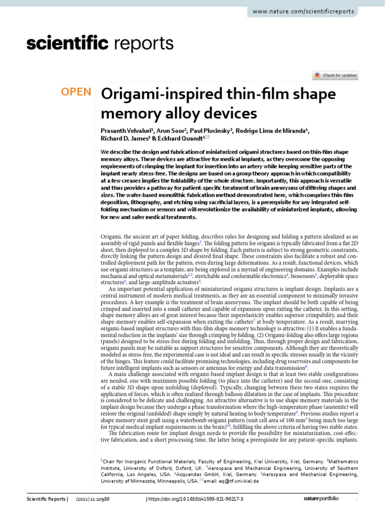 Origami Inspired Thin Film Shape Memoru Alloy Devices | PDF | Shape ...