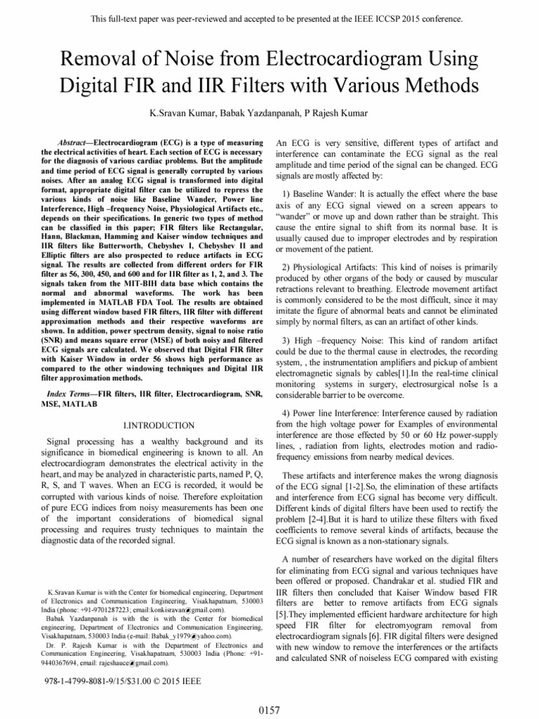 Removal of Noise From Electrocardiogram Using Digital FIR and IIR ...