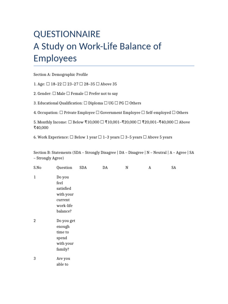 Final Work Life Balance Questionnaire | PDF | Job Satisfaction | Social ...