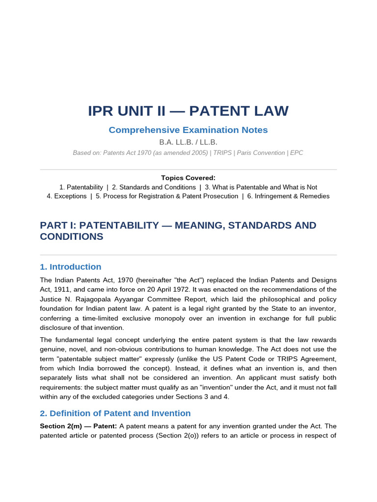 Patent Law Unit II Notes | PDF | Patent | Prior Art