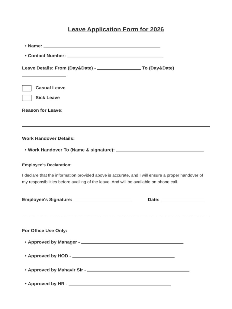 Leave Application Form 2026 Blank | PDF