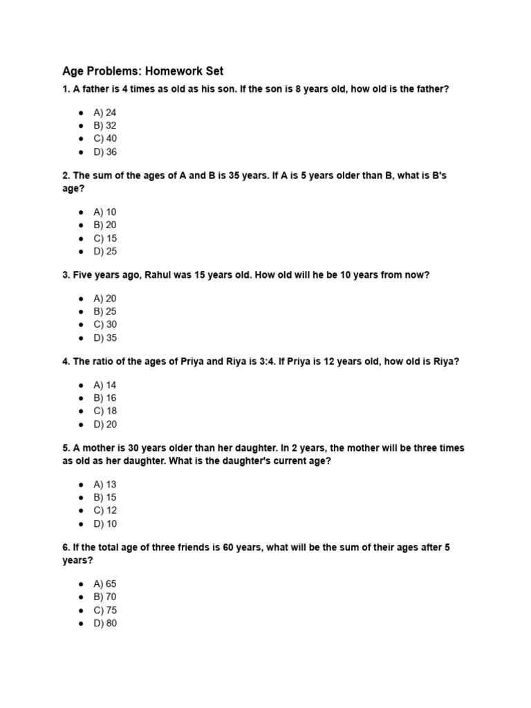 Age Problems_ Homework Set | PDF