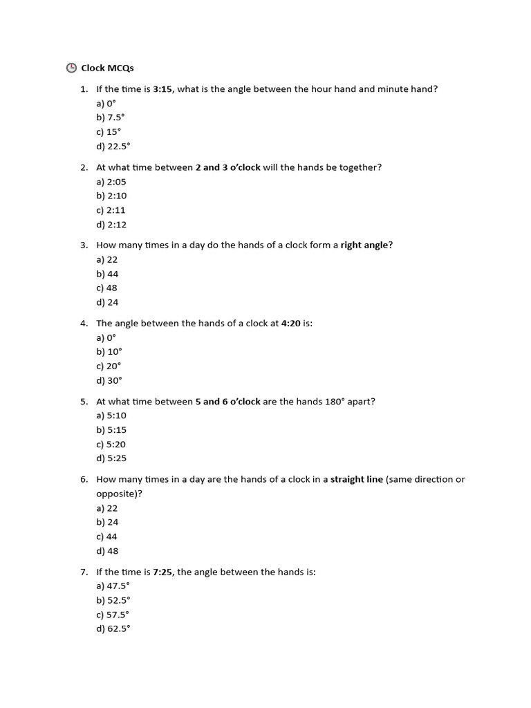 Clock Mcq Practice Sheet | PDF | Hour | Chess Openings