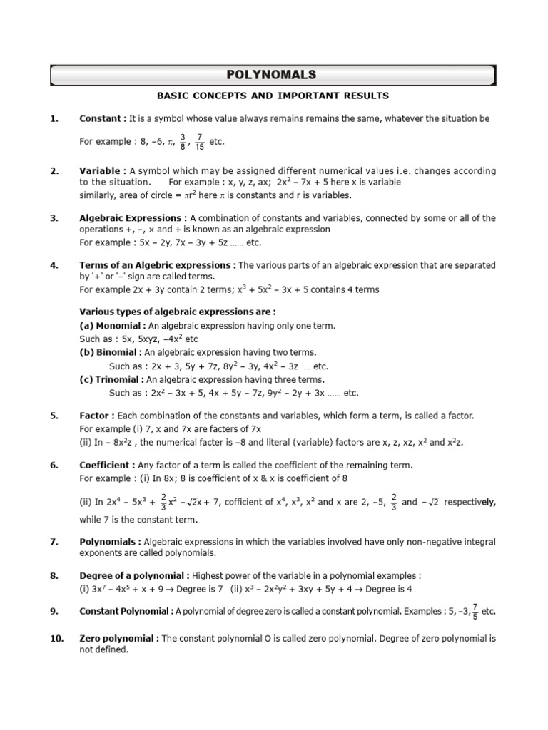 3_Polynomials Basic Concepts | PDF | Factorization | Polynomial