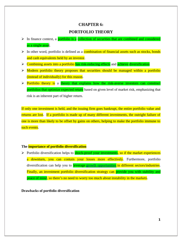 Inv't Unit 6 Portfolio Theory | PDF | Financial Risk | Diversification ...