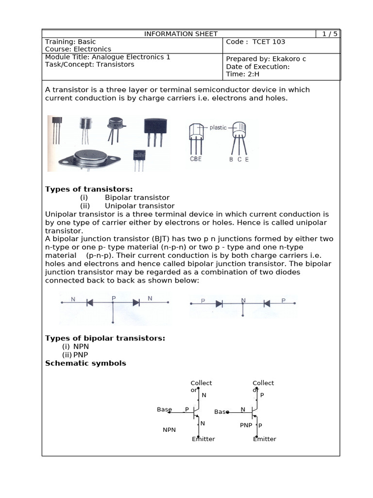 Information Sheet on Transistors 2019 | PDF | Bipolar Junction ...