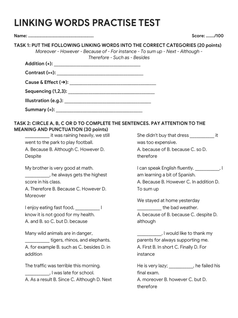 Linking Words Practise Test | PDF