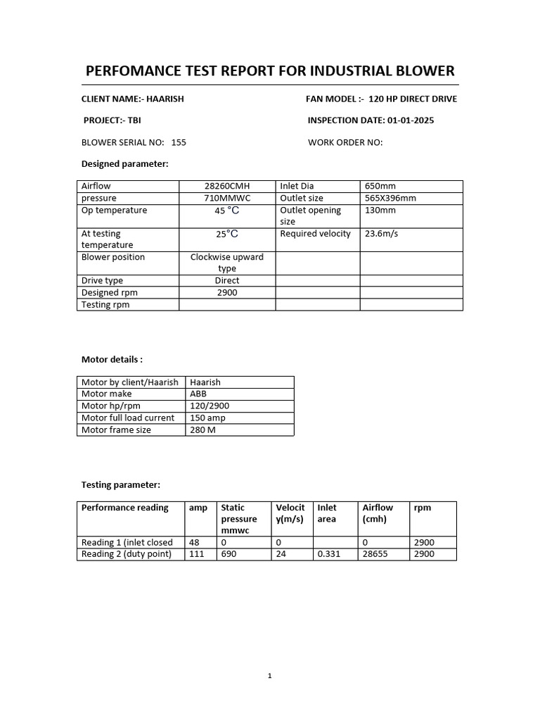 120hp Fan Test Report | PDF | Chemical Equipment | Continuum Mechanics