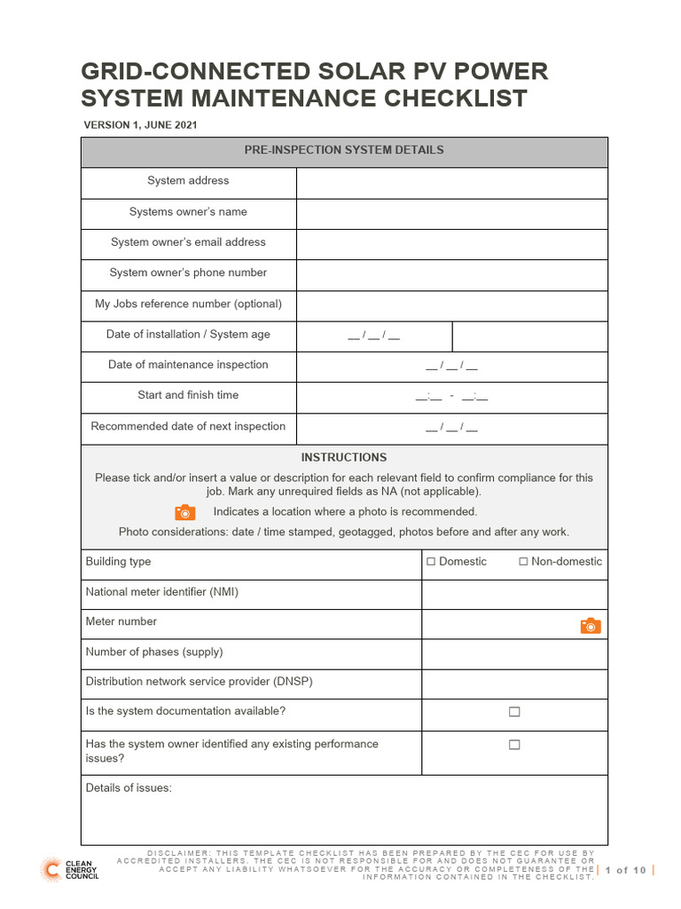 CEC Grid-Connected-Solar-Pv-System-Maintenance-Checklist | PDF ...