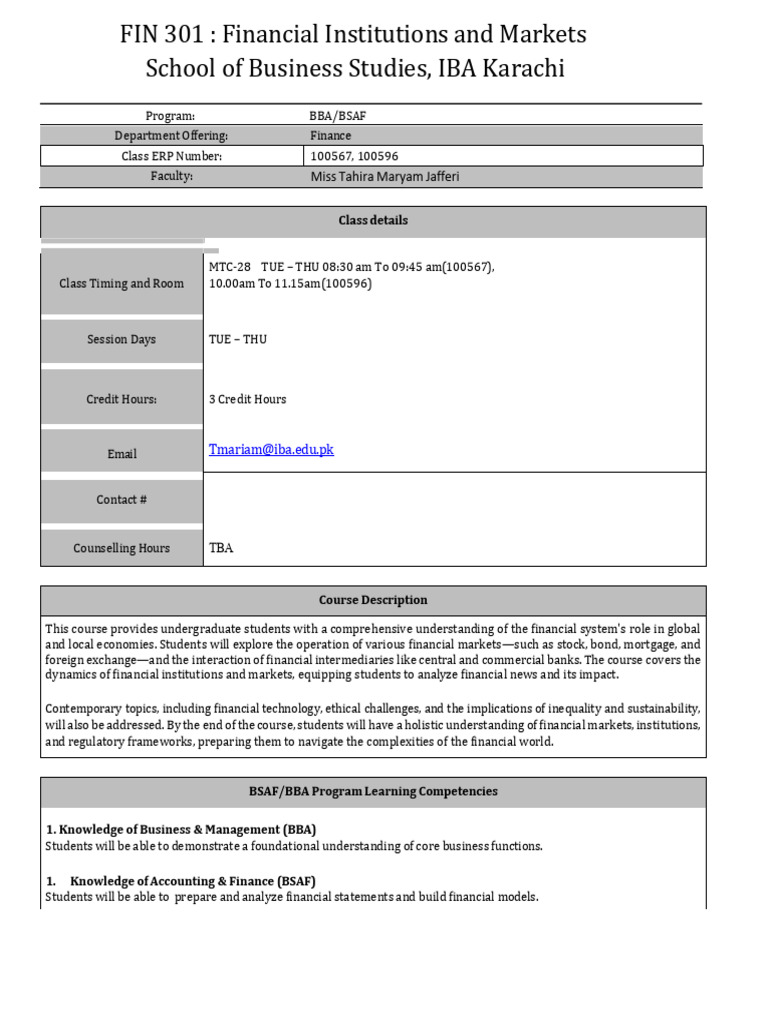 FIM Course Outline Spring 2026 | PDF | Financial Markets | Market ...