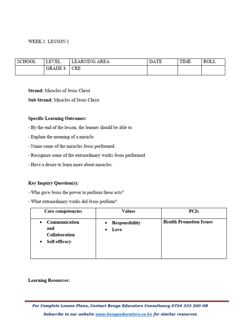 GRADE 8 TERM 2 CRE LESSON PLANS | PDF | Lesson Plan | Jesus