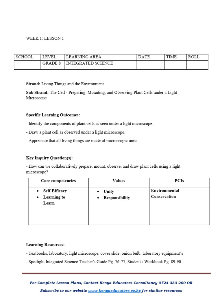 GRADE 8 TERM 2 INTEGRATED SCIENCE LESSON PLANS | PDF | Cell (Biology ...