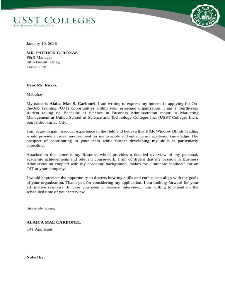 Application Letter OJT Many 2 A | PDF