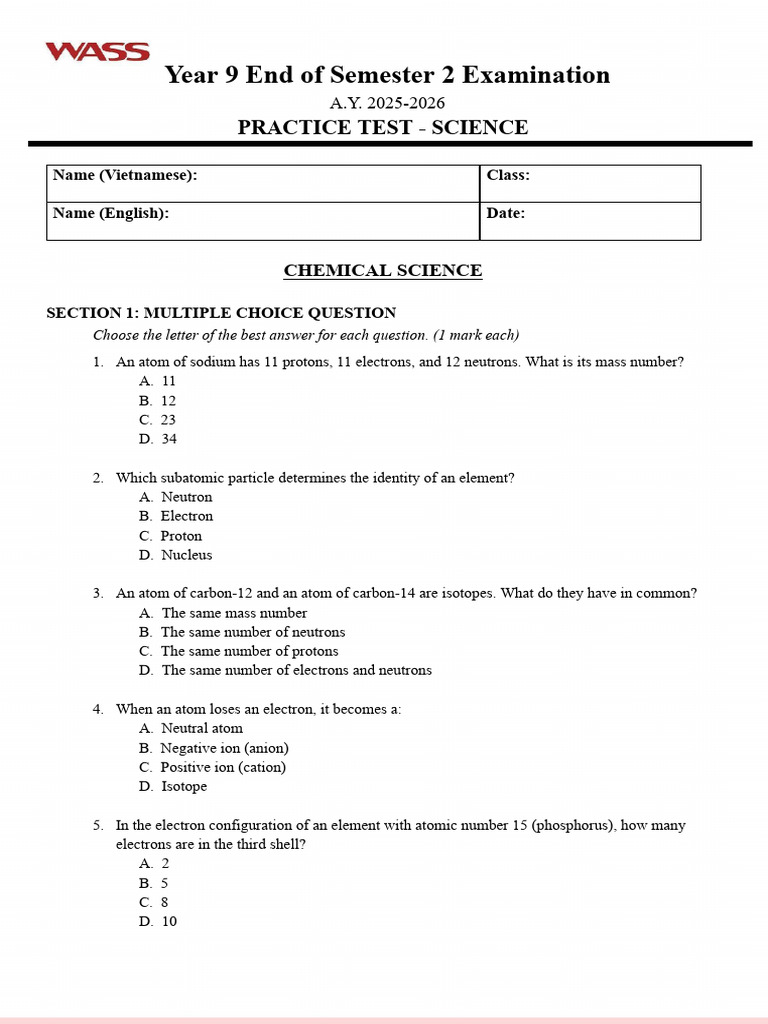 Science 9 Practice Test_EOS2 Exam AY 25-26 (CHEM) | PDF | Atoms ...