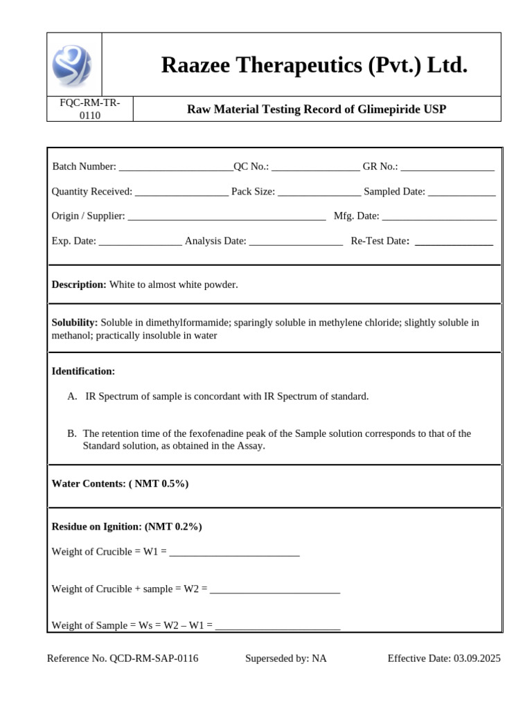 RM Record Template of Glimepiride | PDF | Physical Sciences ...