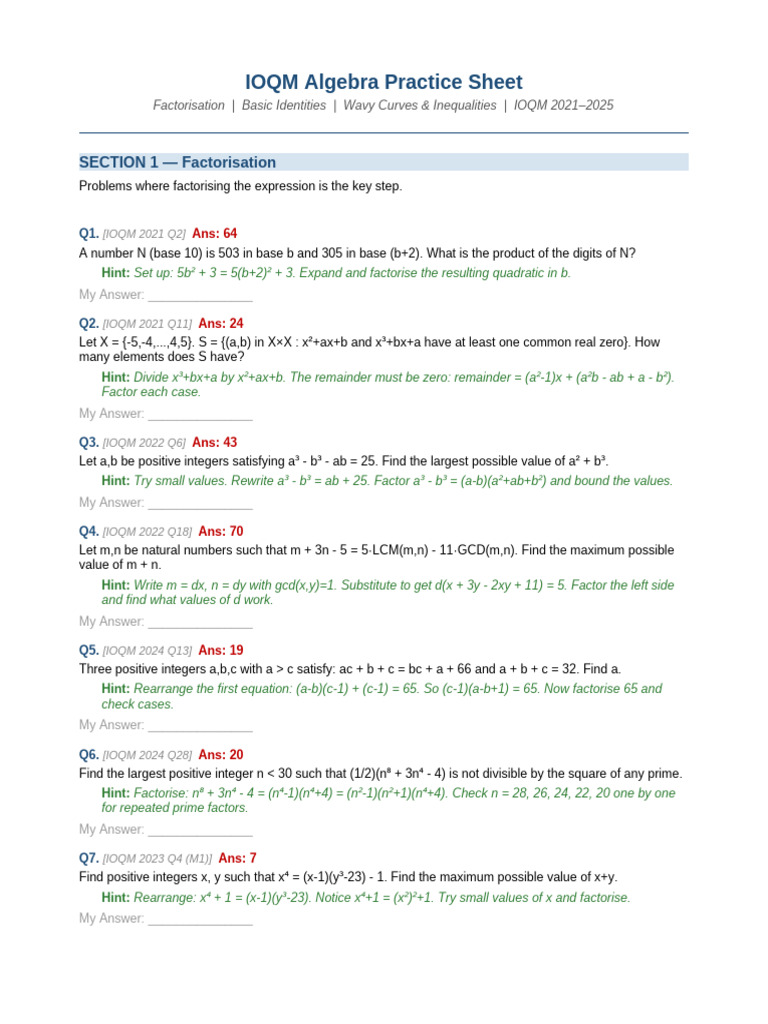 Algebra Sheet | PDF | Factorization | Algebra