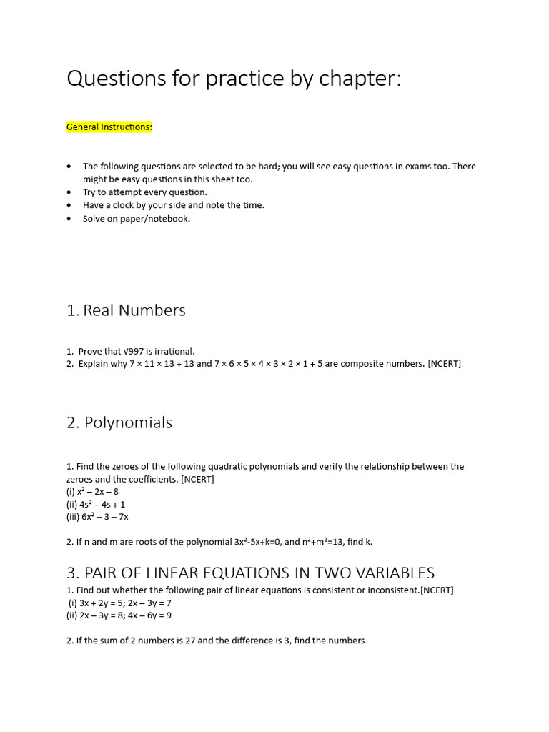 Questions For Practice | PDF | Polynomial | Equations