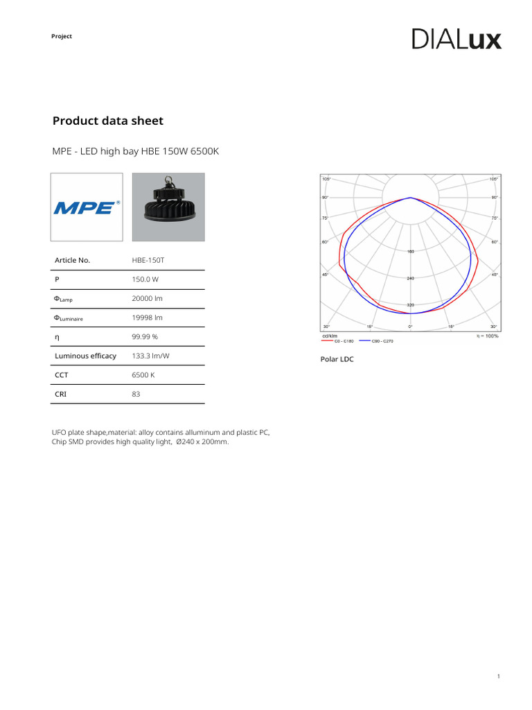 Mpe - Led High Bay Hbe 150w 6500k (1x Hbe-150t)_report | PDF