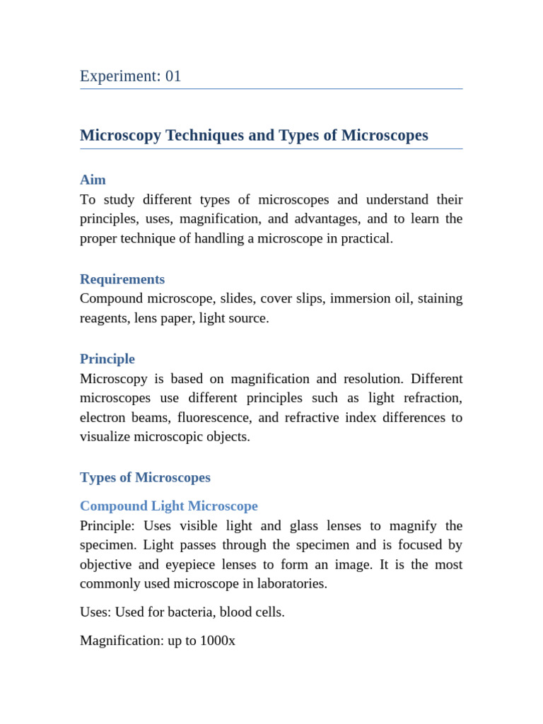 Exp No. 1 Microscopy Techniques and Type of Microscopes | PDF ...