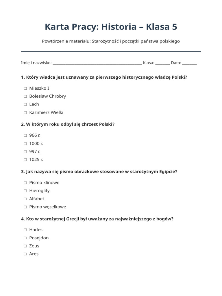 Historia Klasa 5 Quiz | PDF