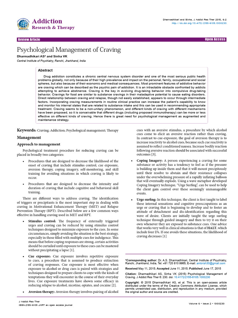 Psychological Management of Craving | PDF | Relapse | Substance Abuse