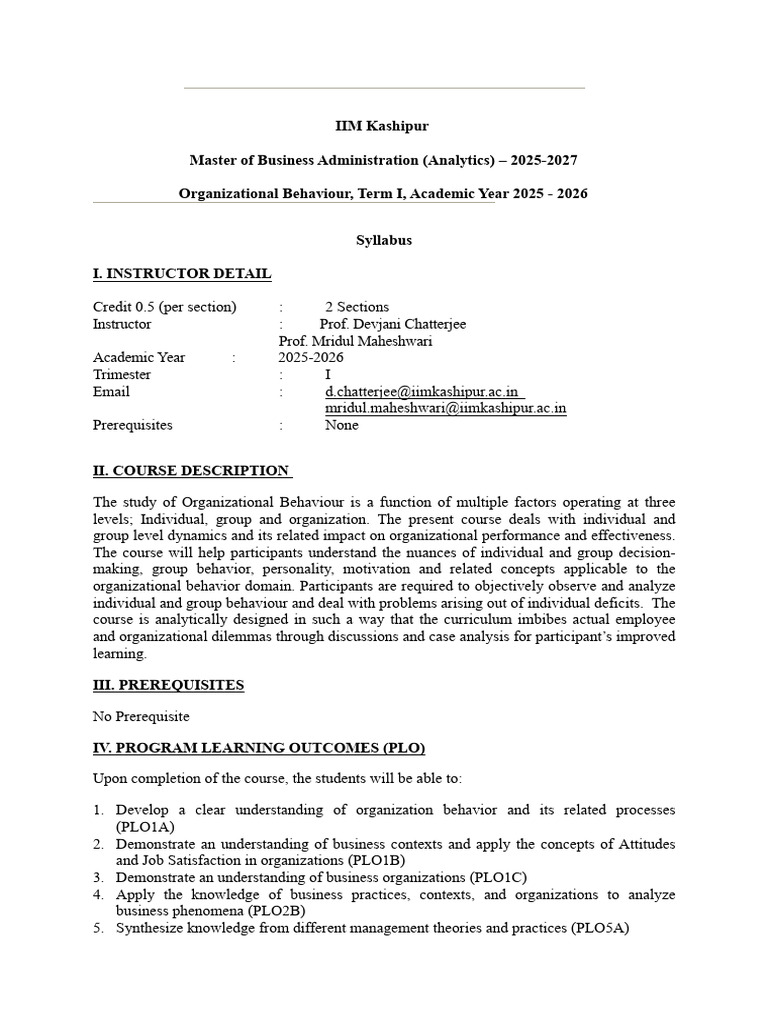OB Course Outline MBAA AY 2025-2026 | PDF | Academic Dishonesty ...