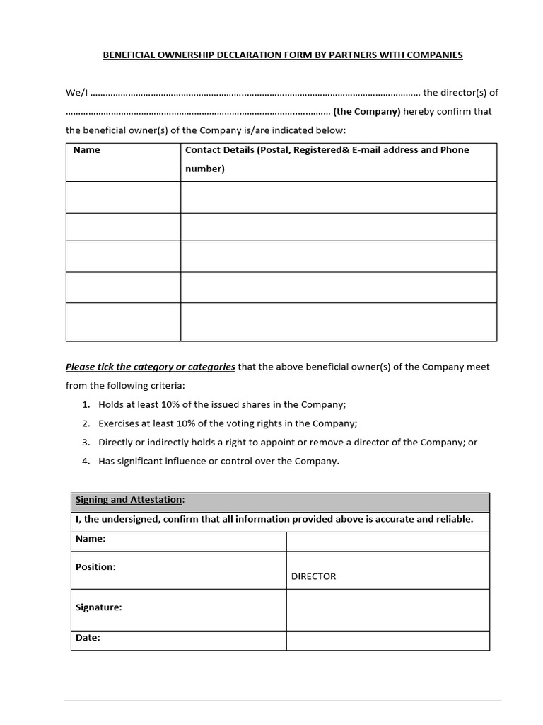 Beneficial Ownership Declaration Form by Partners With Companies | PDF