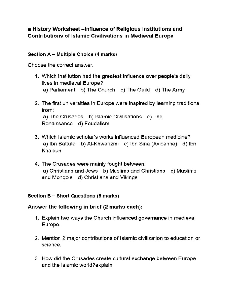 History Worksheet –Medieval Europe (2) | PDF