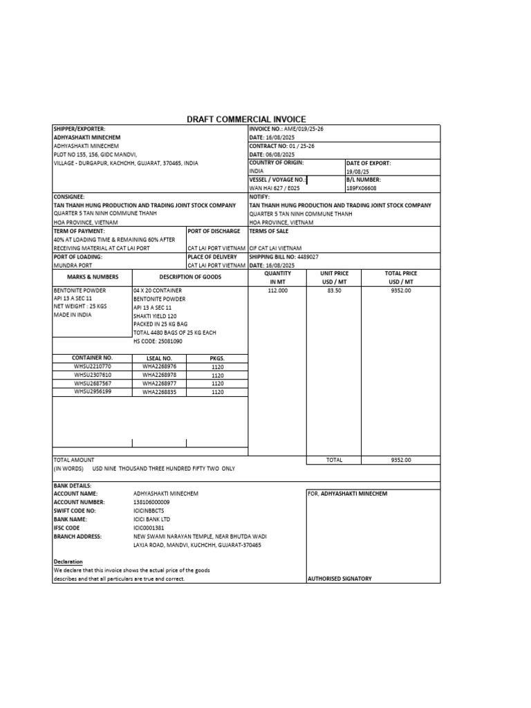 Draft Commercial Invoice Ame 018 | PDF | Business