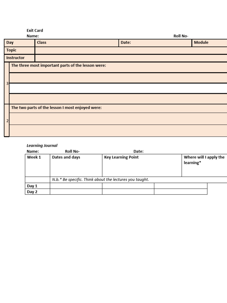 Exit Card and Learning Journal Format | PDF