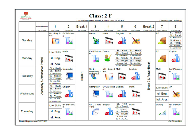 Grade2f Class Timetable PDF | PDF