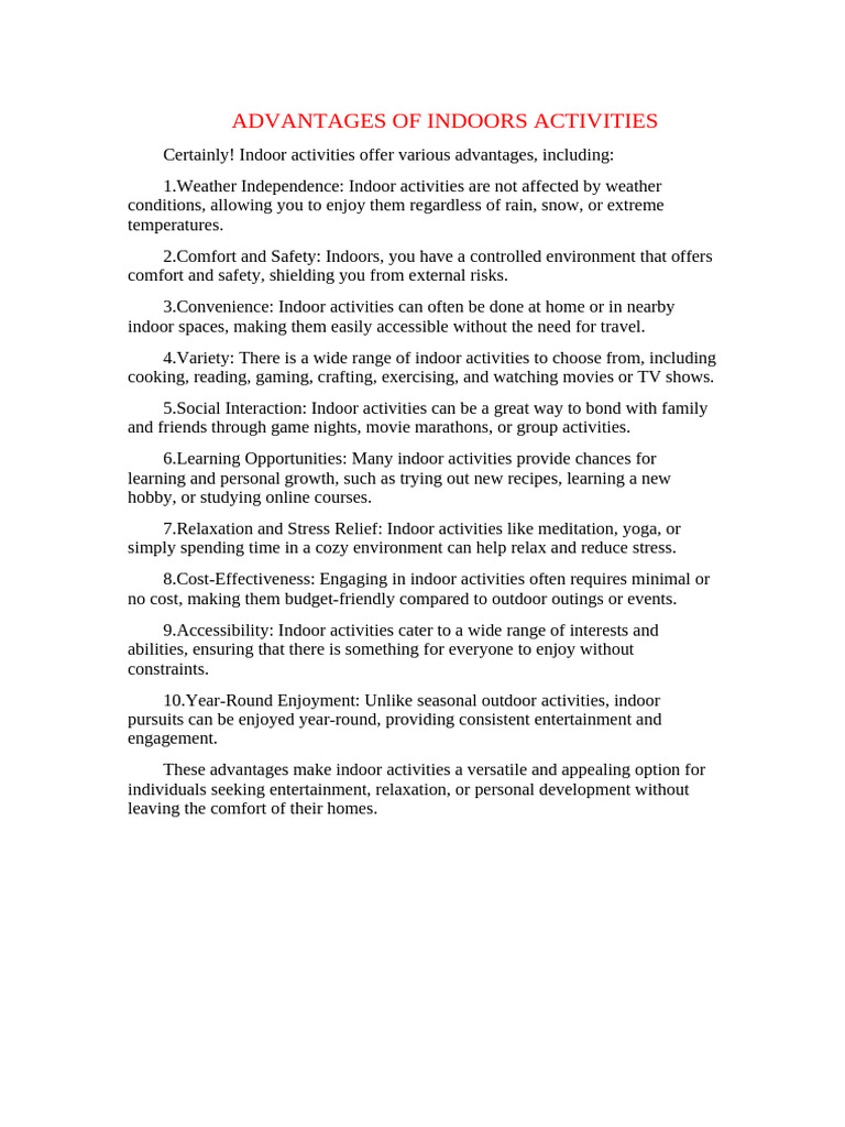 Advantages of Indoors Activities | PDF